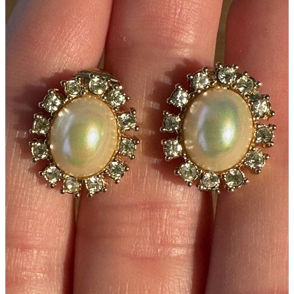 Vintage Christian Dior Pearl Crystal Rhinestones Gold Tone Clip On Earrings